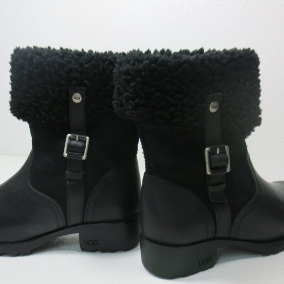UGG Australia Black Bellevue 1914 Leather Shearling Zip Fold Over Moto Boots 7 - Picture 7 of 8